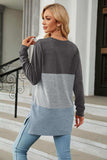 Color Block Round Neck Long Sleeve Slit T-Shirt - Trendsi - Flyclothing LLC