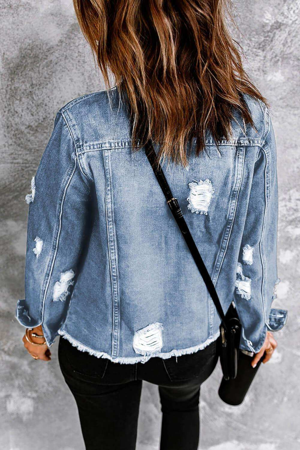 Distressed Raw Hem Denim Jacket - Trendsi - Flyclothing LLC