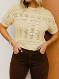 Openwork Round Neck Short Sleeve Sweater - Trendsi - Flyclothing LLC