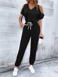 V-Neck Cold-Shoulder Jumpsuit with Pockets - Trendsi - Flyclothing LLC