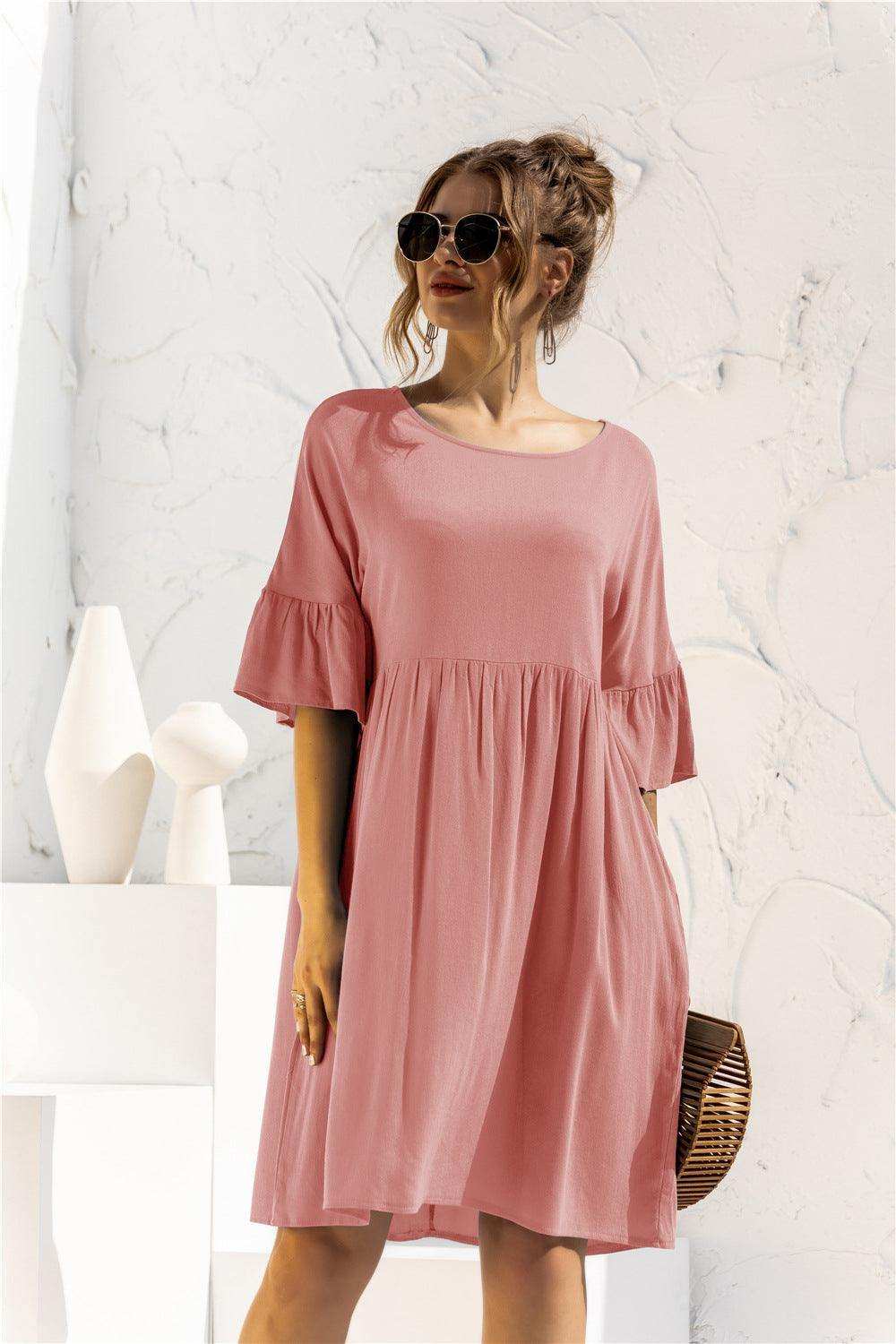 Boat Neck Flounce Sleeve Knee-Length Dress - Trendsi - Flyclothing LLC