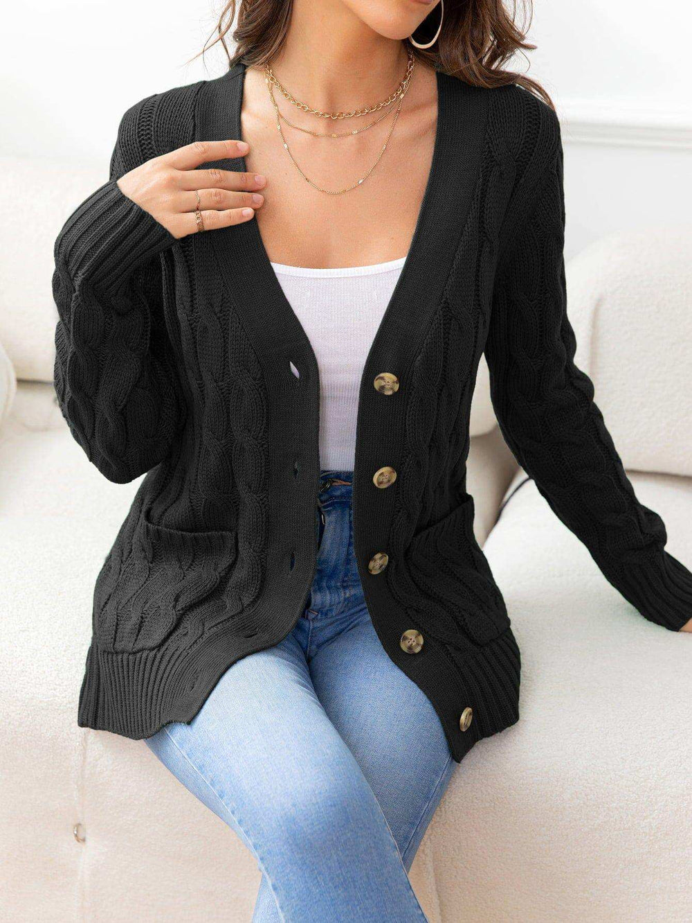 Button Down Cable-Knit Cardigan - Trendsi - Flyclothing LLC