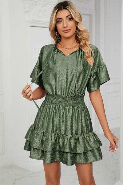 Smocked Tie Neck Flounce Sleeve Dress - Trendsi - Flyclothing LLC