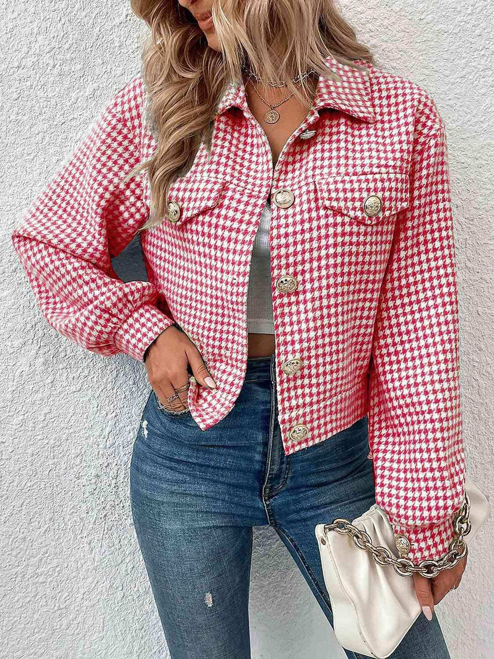 Houndstooth Collared Neck Button Up Jacket - Trendsi - Flyclothing LLC