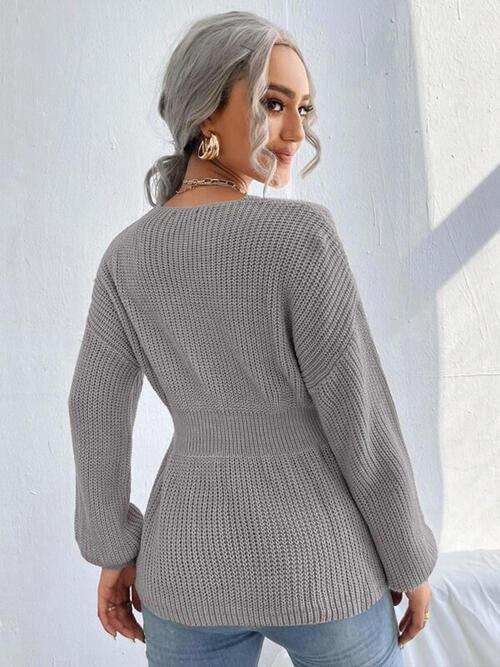 Notched Dropped Shoulder Knit Top - Trendsi - Flyclothing LLC