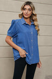 Puff Sleeve Collared Denim Top - Trendsi - Flyclothing LLC
