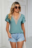 Contrast Trim Petal Sleeve V-Neck Top - Trendsi - Flyclothing LLC