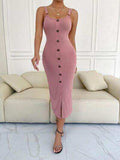 Ribbed Slit Decorative Button Cami Dress - Trendsi - Flyclothing LLC