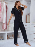Contrast Piping Lapel Collar Short Sleeve Top and Pants Pajama Set - Trendsi - Flyclothing LLC