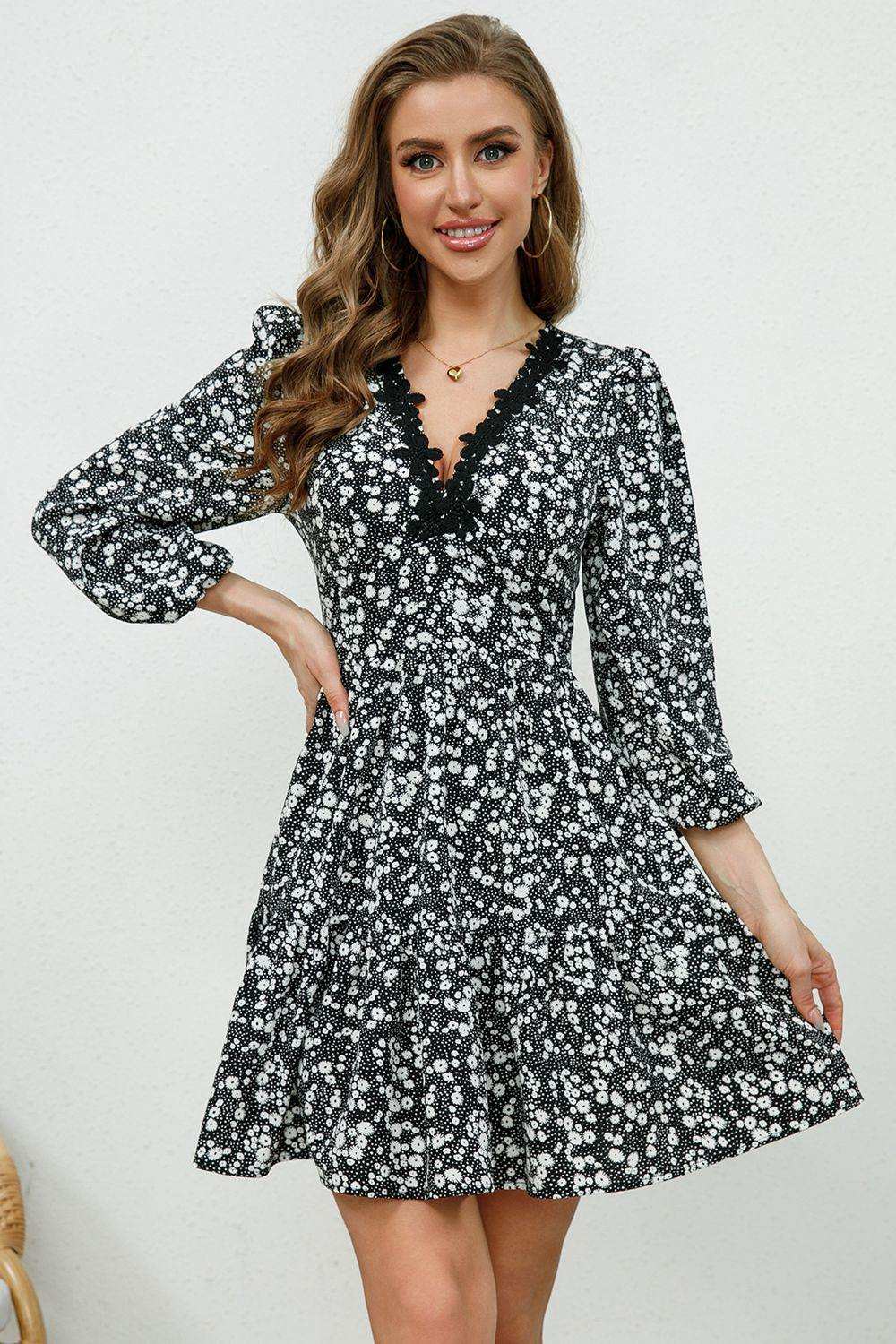 Printed Plunge Neck Flounce Sleeve Mini Dress - Trendsi - Flyclothing LLC