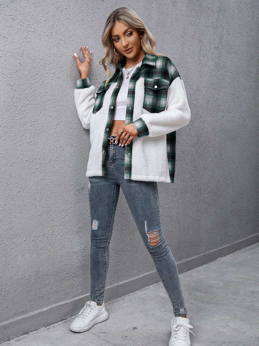 Plaid Collared Neck Button Down Jacket - Trendsi - Flyclothing LLC
