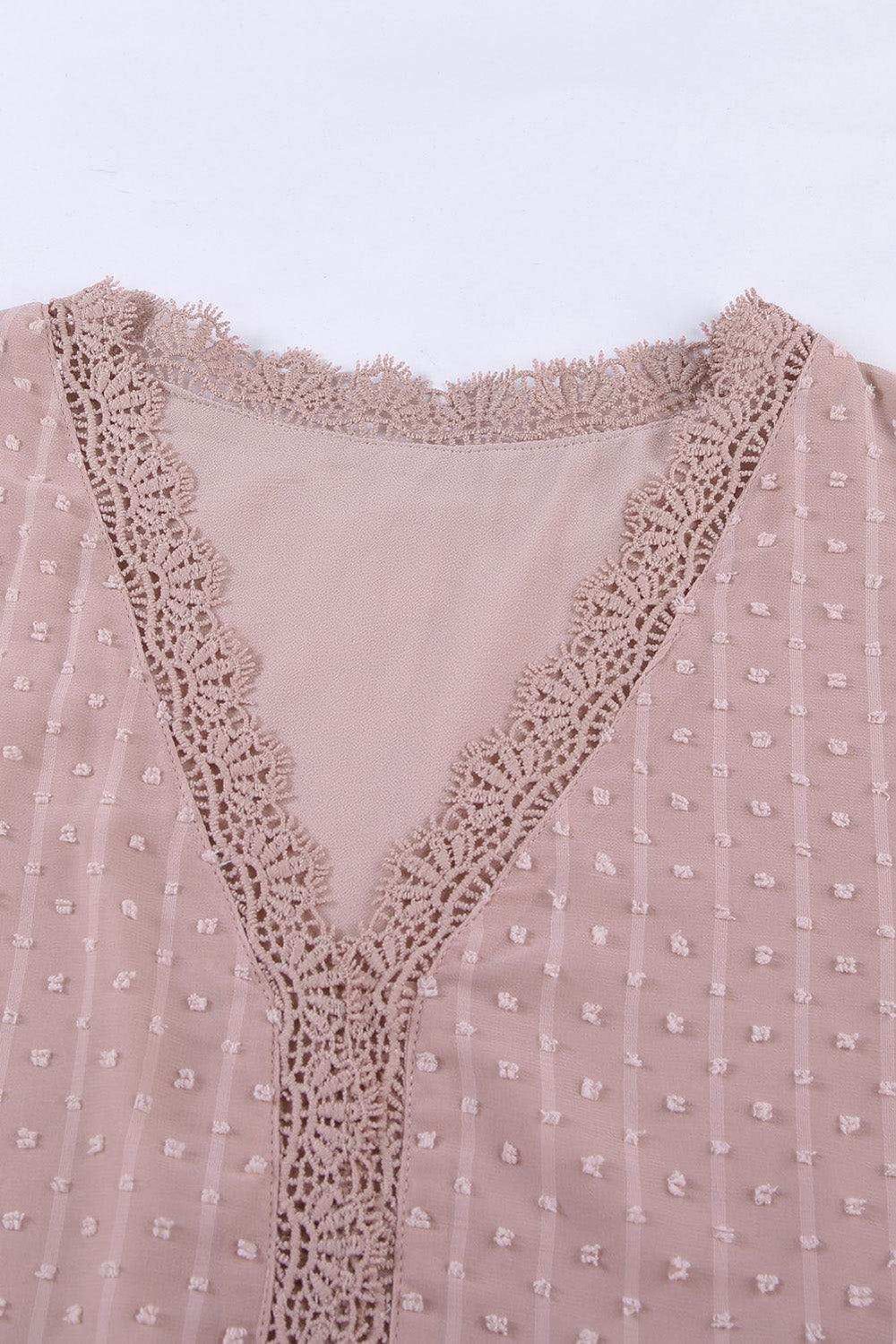 Swiss Dot Lace Trim Plunge Blouse - Trendsi - Flyclothing LLC