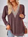 Crochet Contrast V-Neck Long Sleeve Slit T-Shirt - Trendsi - Flyclothing LLC