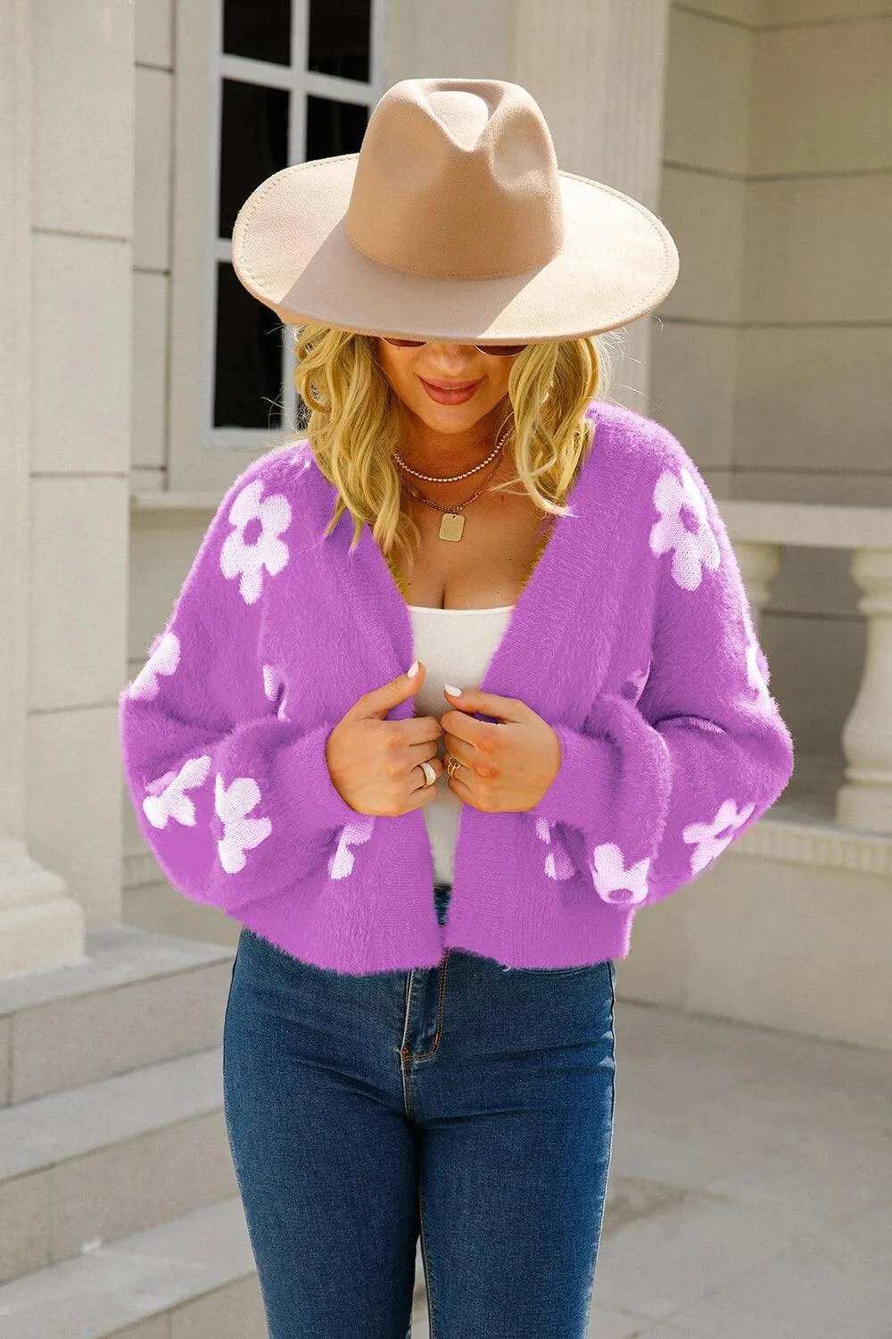 Floral Open Front Fuzzy Cardigan - Trendsi - Flyclothing LLC