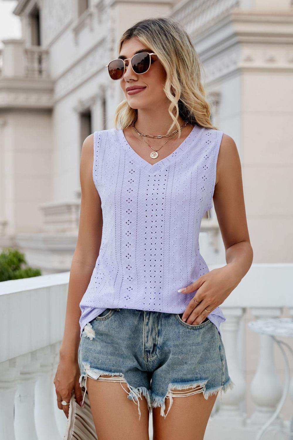 Eyelet V-Neck Tank - Trendsi - Flyclothing LLC
