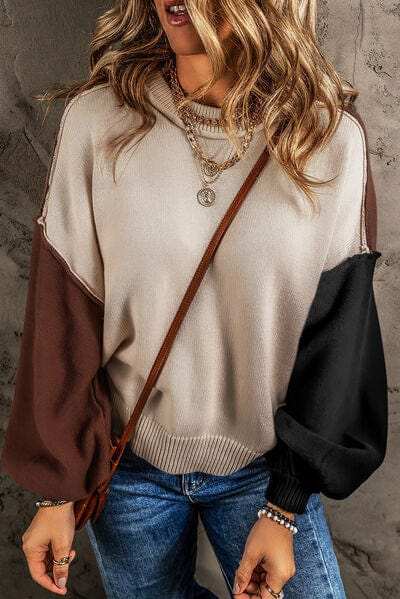 Contrast Round Neck Dropped Shoulder Sweater - Trendsi - Flyclothing LLC