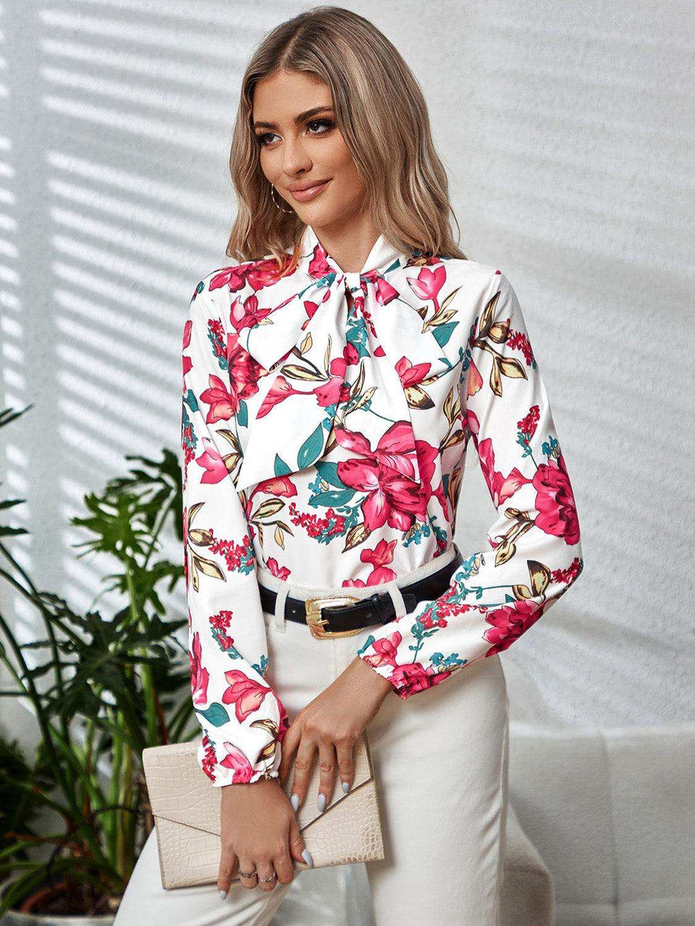Printed Tie Neck Long Sleeve Blouse - Trendsi - Flyclothing LLC