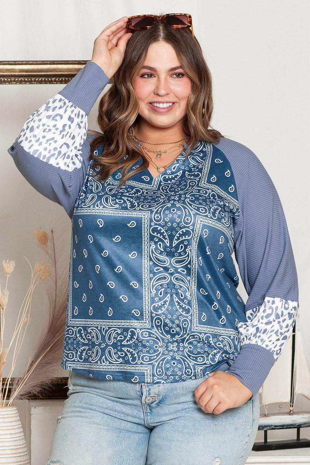 Plus Size V-Neck Printed Raglan Sleeve Blouse - Trendsi - Flyclothing LLC
