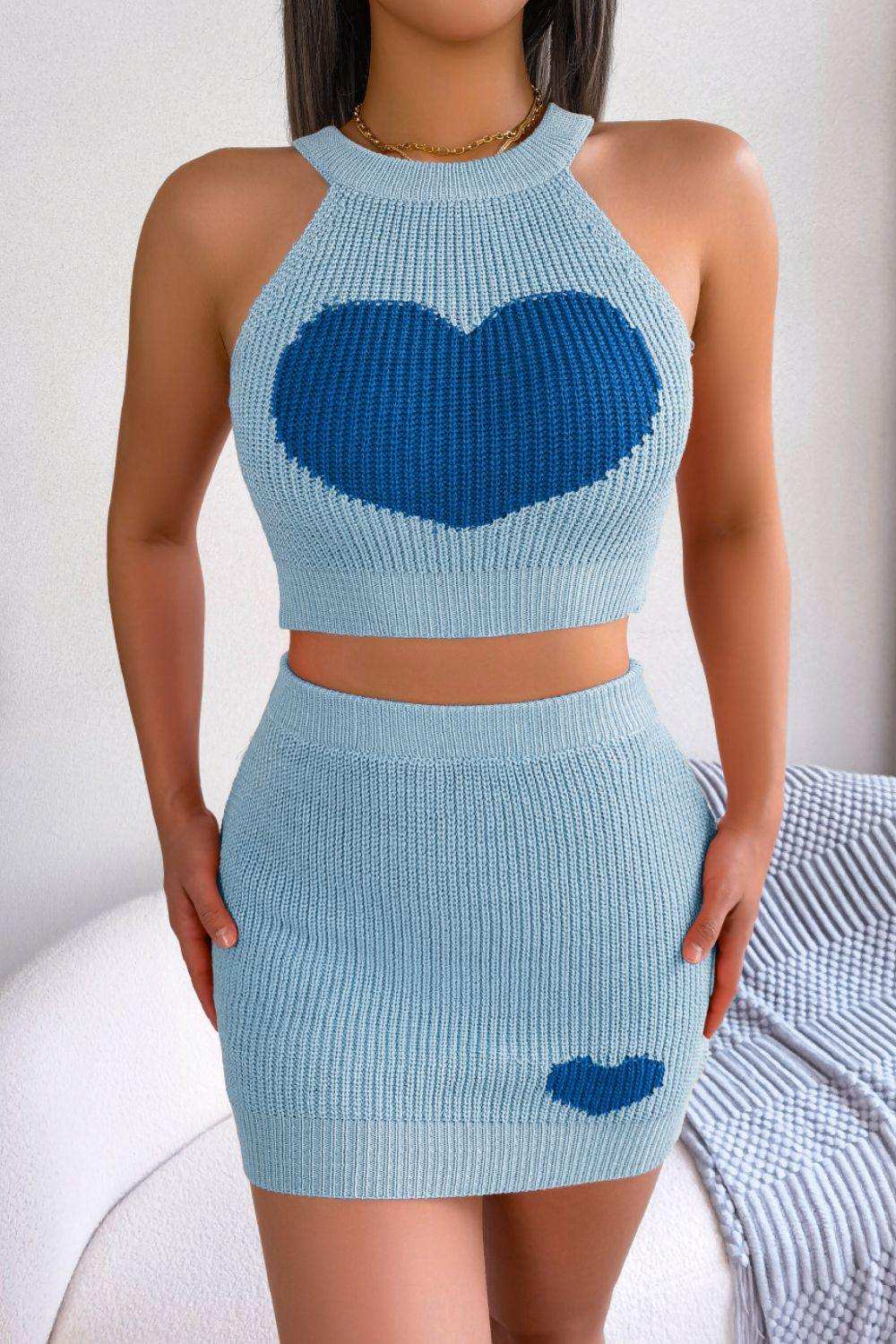 Heart Contrast Ribbed Sleeveless Knit Top and Skirt Set - Trendsi - Flyclothing LLC