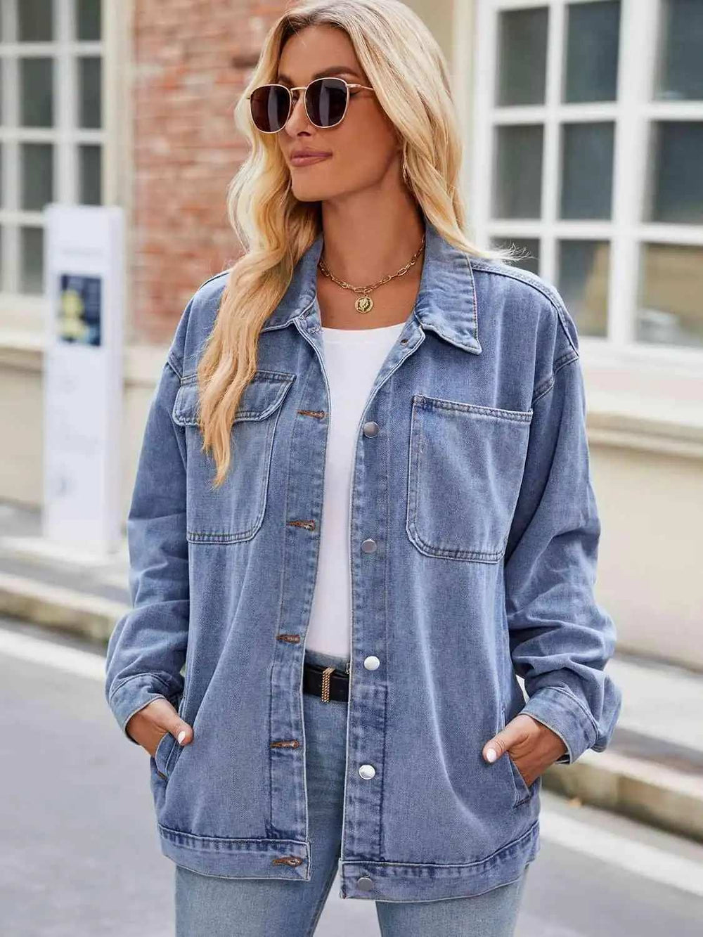 Button Up Denim Jacket with Pockets - Trendsi - Flyclothing LLC