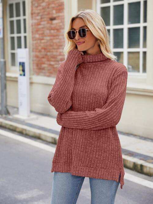 Ribbed Turtleneck Long Sleeve Slit Knit Top - Trendsi - Flyclothing LLC