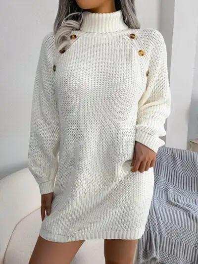 Decorative Button Turtleneck Sweater Dress - Trendsi - Flyclothing LLC