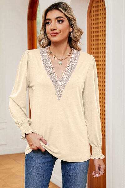 Lace Detail V-Neck Lantern Sleeve T-Shirt - Trendsi - Flyclothing LLC