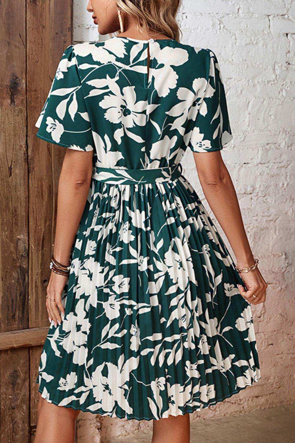 Floral Round Neck Tie Belt Pleated Dress - Trendsi - Flyclothing LLC