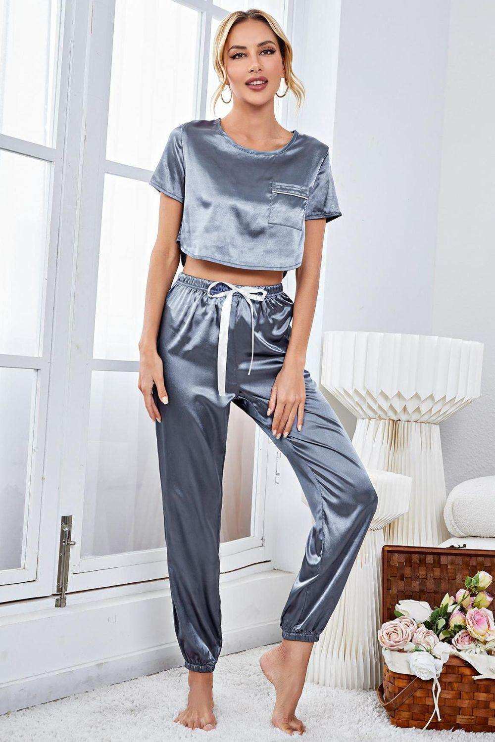 Satin Short Sleeve Crop Top and Joggers Lounge Set - Trendsi - Flyclothing LLC