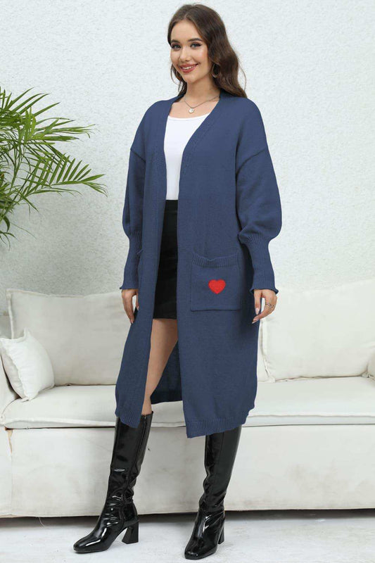 Lantern Sleeve Open Front Pocketed Cardigan - Trendsi - Flyclothing LLC