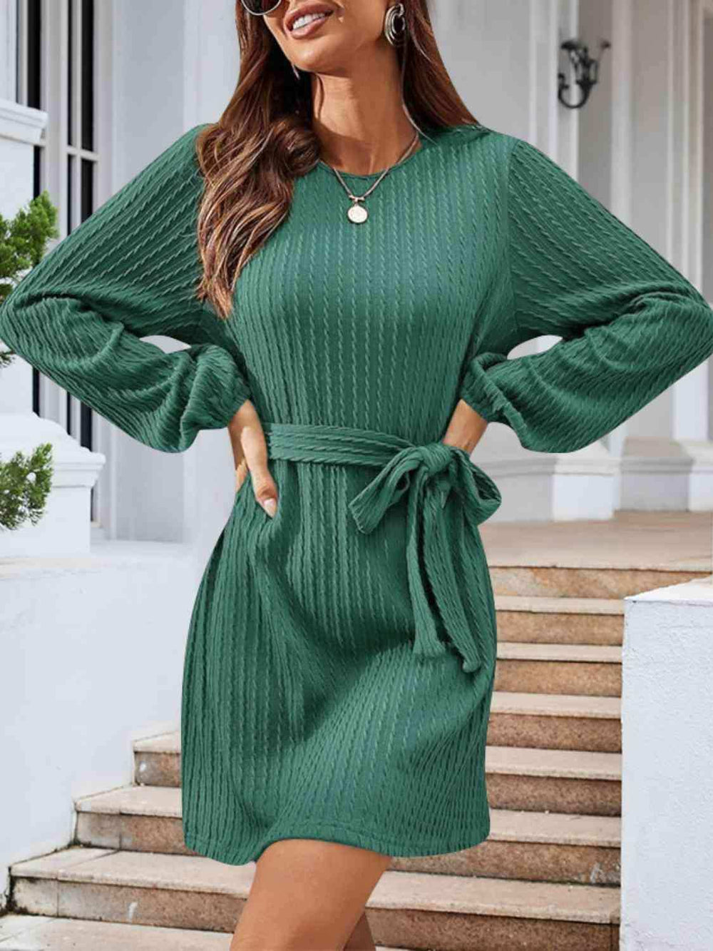 Round Neck Tie Front Long Sleeve Dress - Trendsi - Flyclothing LLC