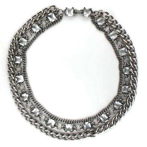 Alamode Antique Silver Brass Necklace with Synthetic Synthetic Glass in Clear - Alamode - Flyclothing LLC