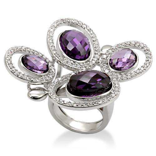 Alamode Rhodium Brass Ring with AAA Grade CZ in Amethyst - Alamode - Flyclothing LLC