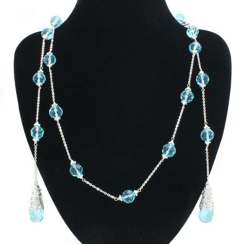Alamode Rhodium White Metal Necklace with Synthetic Glass Bead in Sea Blue - Alamode - Flyclothing LLC