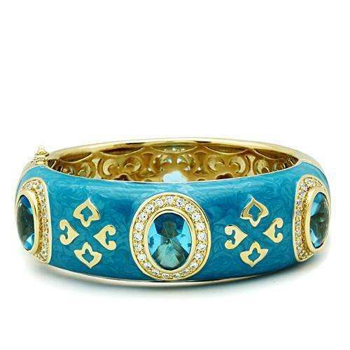 Alamode Gold Brass Bangle with Synthetic Synthetic Glass in Sea Blue - Alamode - Flyclothing LLC