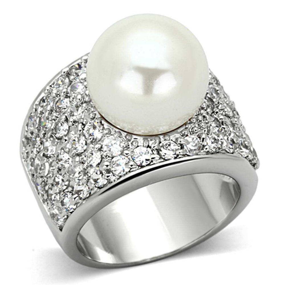 Alamode Rhodium Brass Ring with Synthetic Pearl in White - Alamode - Flyclothing LLC