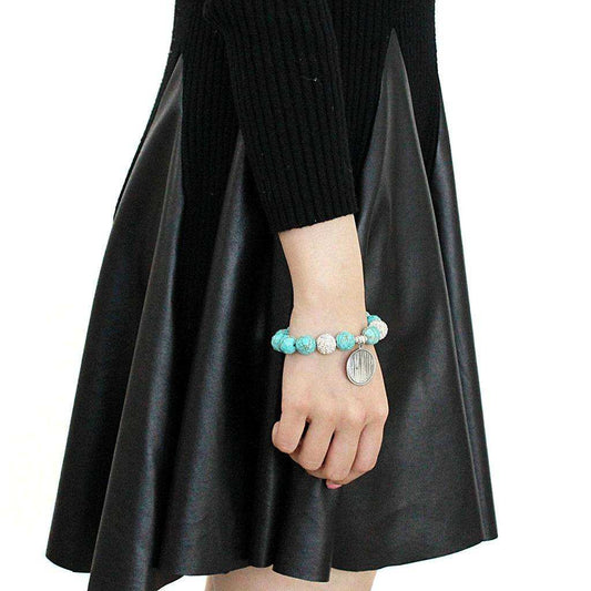 Alamode Antique Silver White Metal Bracelet with Synthetic Turquoise in Turquoise - Alamode - Flyclothing LLC