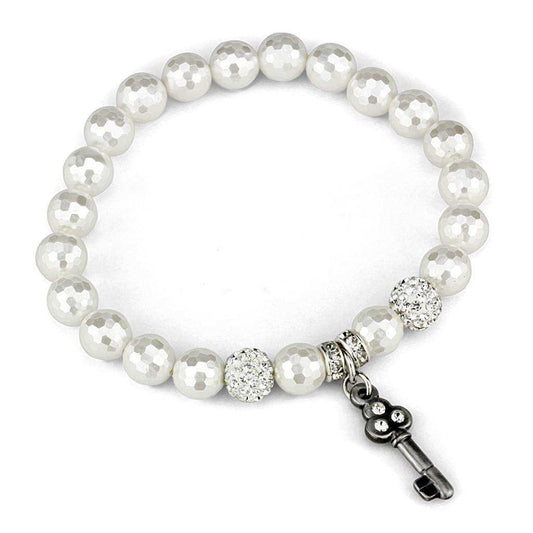 Alamode Antique Silver Brass Bracelet with Synthetic Glass Bead in White - Alamode - Flyclothing LLC