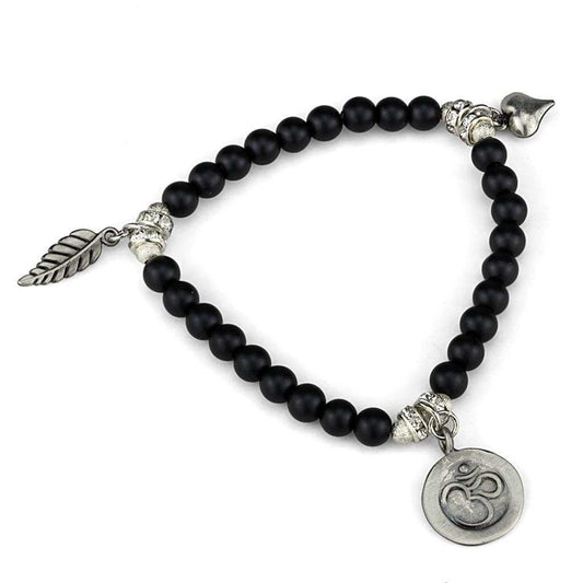 Alamode Antique Silver Brass Bracelet with Synthetic Glass Bead in Jet - Alamode - Flyclothing LLC