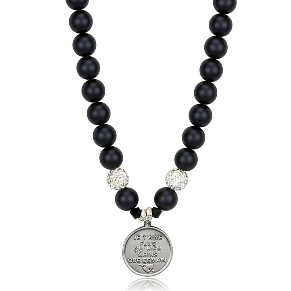 Alamode Antique Silver White Metal Necklace with Synthetic Glass Bead in Jet - Alamode - Flyclothing LLC
