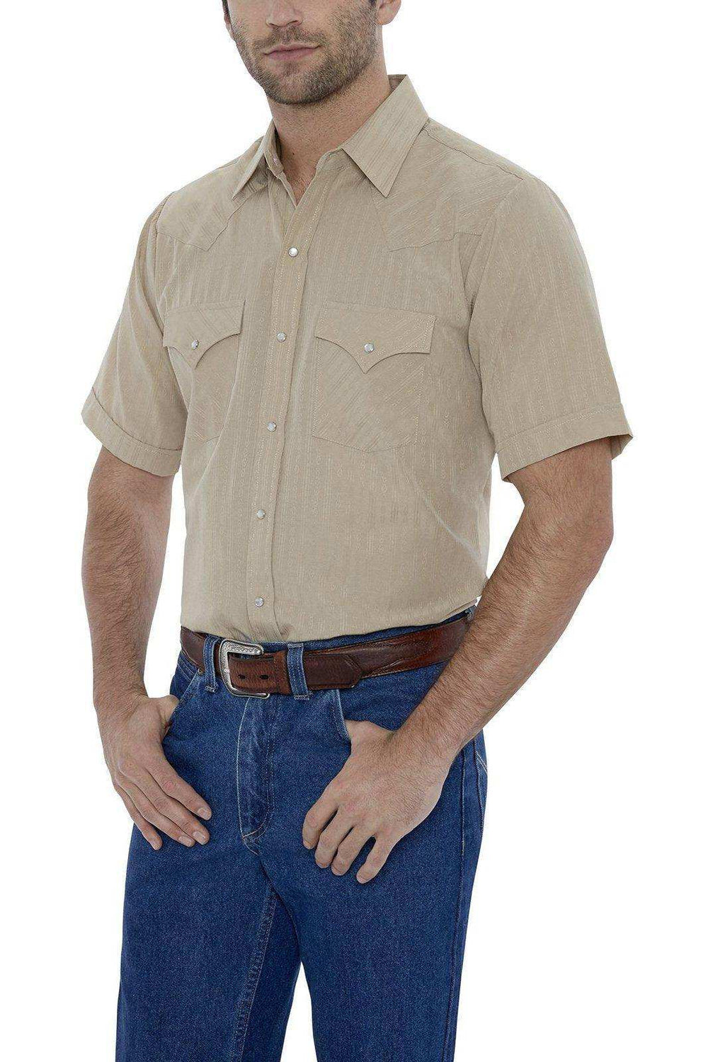 Ely Cattleman Mens S/S Khaki Tone On Tone Snap Shirt - Ely Cattleman - Flyclothing LLC