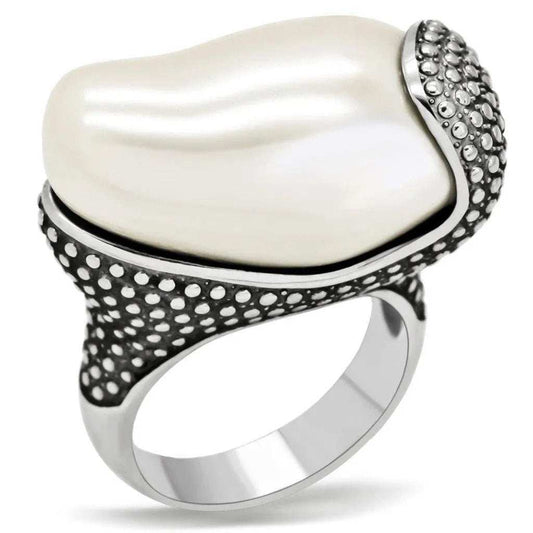 Alamode High polished (no plating) Stainless Steel Ring with Synthetic Synthetic Stone in White - Alamode - Flyclothing LLC