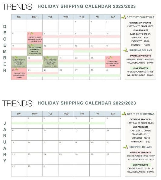 Trendsi Holiday Shipping Schedule - Flyclothing LLC