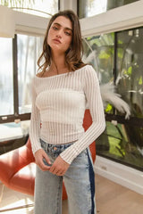 BiBi Textured Sheer Boat Neck Top - Trendsi - Flyclothing LLC