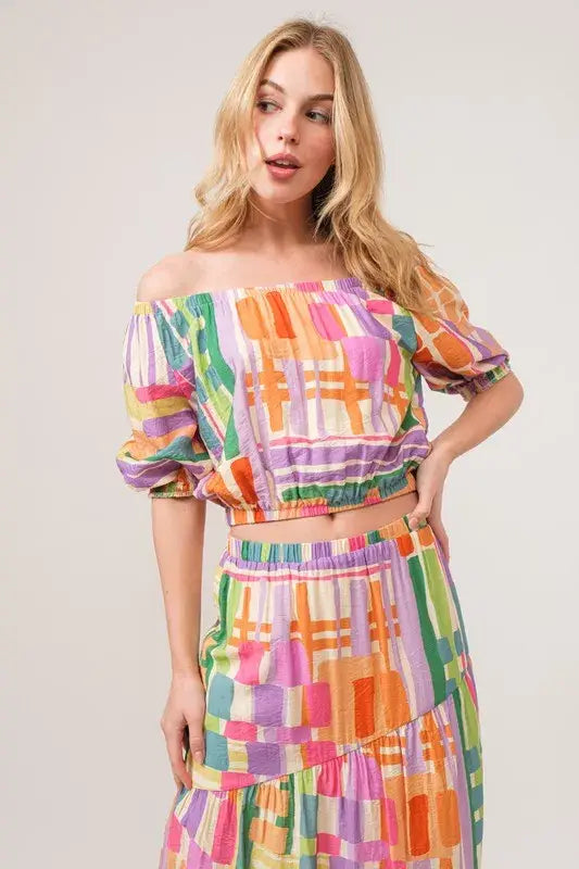 And The Why Puff Sleeve Elastic Edges Geo Printed Crop Top - Trendsi - Flyclothing LLC