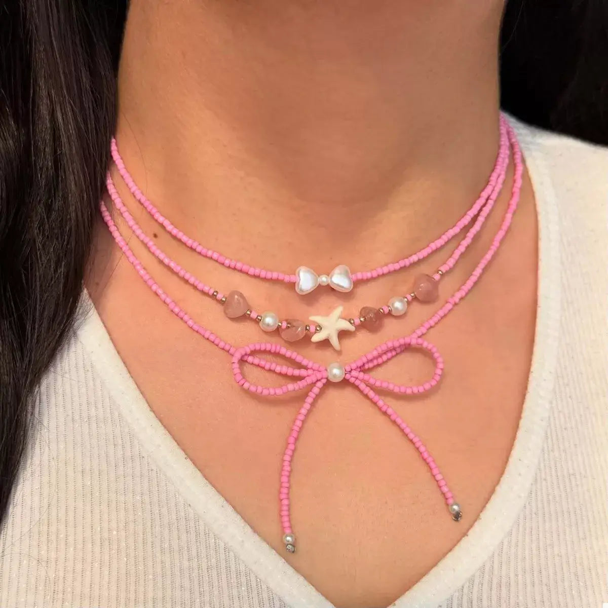 Beaded Three-Layered Necklace with Bow and Starfish Charms - Trendsi - Flyclothing LLC