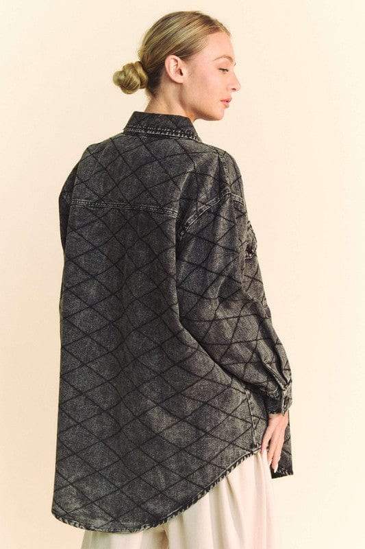 Davi & Dani Curved Hem Diamond Quilted Button Up Denim Shacket - Trendsi - Flyclothing LLC