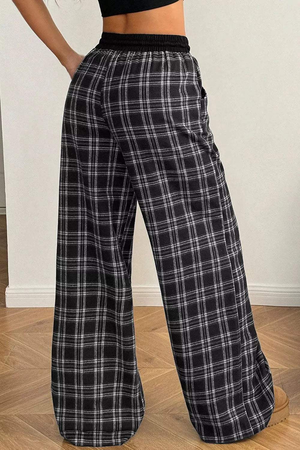 Plaid Wide-Leg Drawstring Pants - Trendsi - Flyclothing LLC