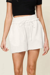 Double Take Full Size Texture Raw Trim Drawstring Shorts - Trendsi - Flyclothing LLC