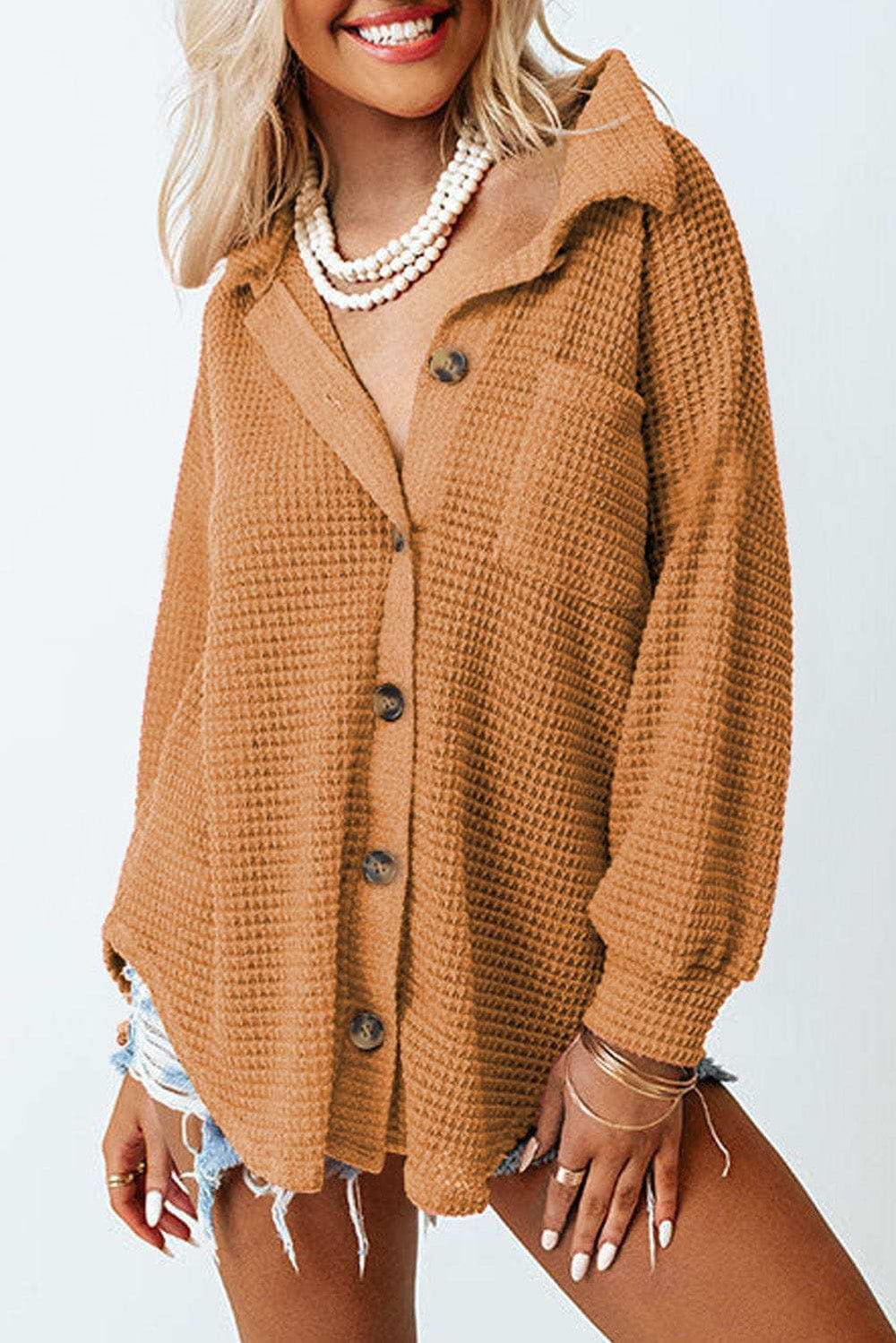 Waffle-Knit Collared Neck Long Sleeve Shirt - Trendsi - Flyclothing LLC